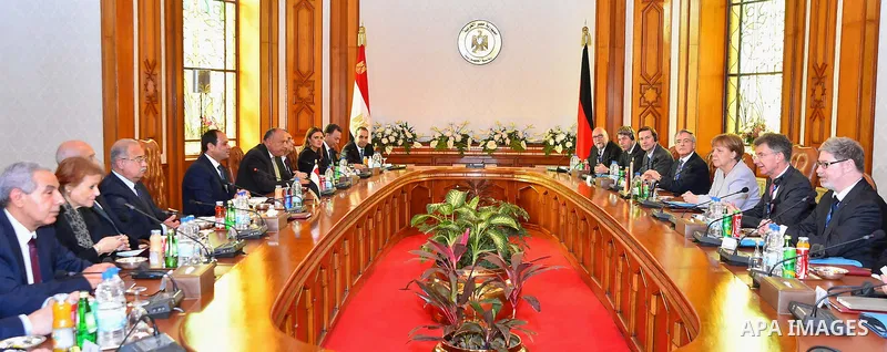 Egyptian President Abdel Fattah al-Sisi meets with German Chancellor Angela Merkel at the El-Thadiya presidential palace in Cairo, Egypt, March 2, 2017. Photo by Egyptian President Office