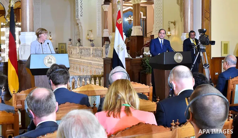 Egyptian President Abdel Fattah al-Sisi and German Chancellor Angela Merkel address a joint news conference following talks at the El-Thadiya presidential palace in Cairo, Egypt, March 2, 2017. Photo by Egyptian Presiden...