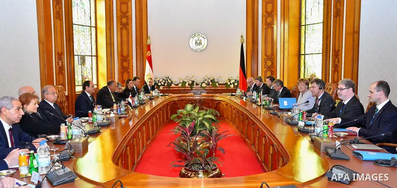 Egyptian President Abdel Fattah al-Sisi meets with German Chancellor Angela Merkel at the El-Thadiya presidential palace in Cairo, Egypt, March 2, 2017. Photo by Egyptian President Office