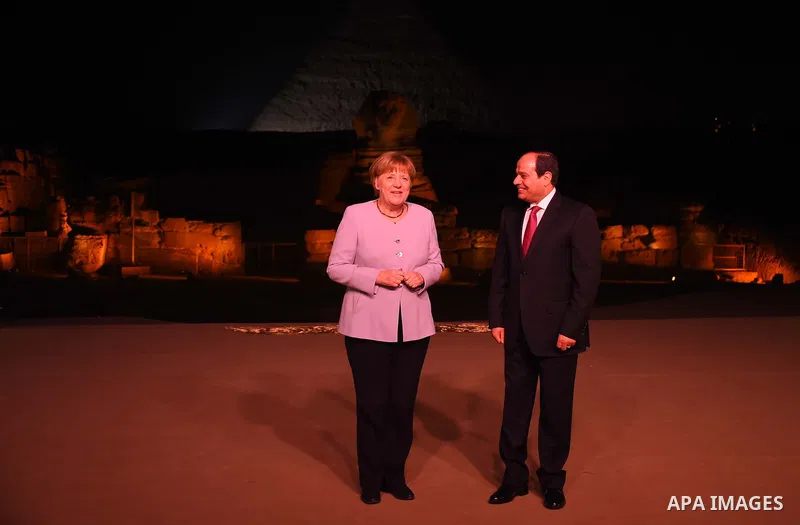 Egyptian President Abdel Fattah al-Sisi and German Chancellor Angela Merkel visit Giza pyramids in Cairo, Egypt, March 2, 2017. Photo by Egyptian President Office
