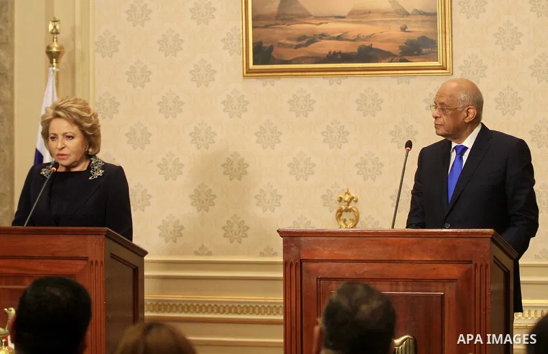 Speaker of the Egyptian parliament Ali Abdelaal and Russian Federation Council Speaker Valentina Matvienko, attend a joint press conference in Cairo, Egypt, on March 04, 2017. Photo by Stranger