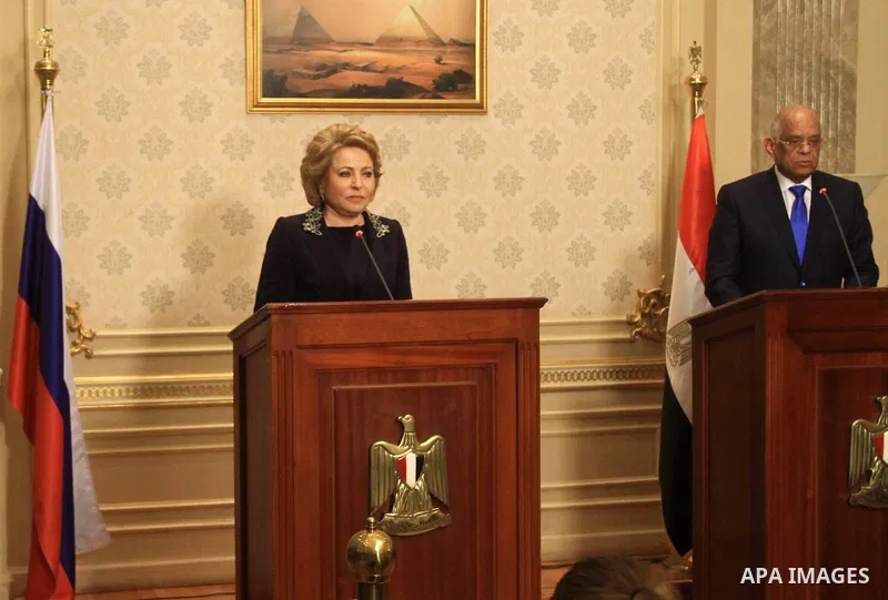 Speaker of the Egyptian parliament Ali Abdelaal and Russian Federation Council Speaker Valentina Matvienko, attend a joint press conference in Cairo, Egypt, on March 04, 2017. Photo by Stranger