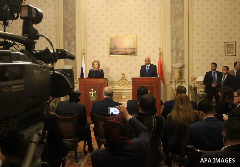 Speaker of the Egyptian parliament Ali Abdelaal and Russian Federation Council Speaker Valentina Matvienko, attend a joint press conference in Cairo, Egypt, on March 04, 2017. Photo by Stranger
