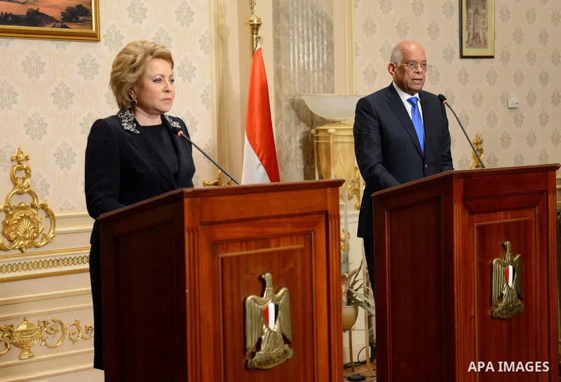 Speaker of the Egyptian parliament Ali Abdelaal and Russian Federation Council Speaker Valentina Matvienko, attend a joint press conference in Cairo, Egypt, on March 04, 2017. Photo by Stranger