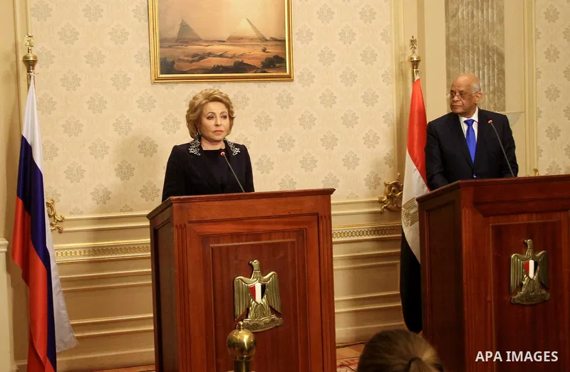 Speaker of the Egyptian parliament Ali Abdelaal and Russian Federation Council Speaker Valentina Matvienko, attend a joint press conference in Cairo, Egypt, on March 04, 2017. Photo by Stranger