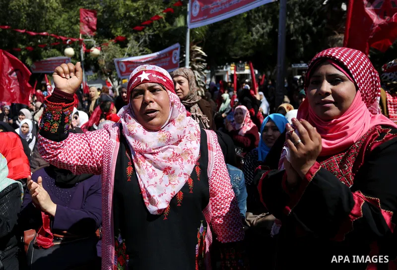 Palestinian supporters of the Democratic Front for the Liberation of Palestine (DFLP) take part in a rally marking the 48th anniversary of DFLP foundation in Gaza city on March 04, 2017. Photo by Ashraf Amra