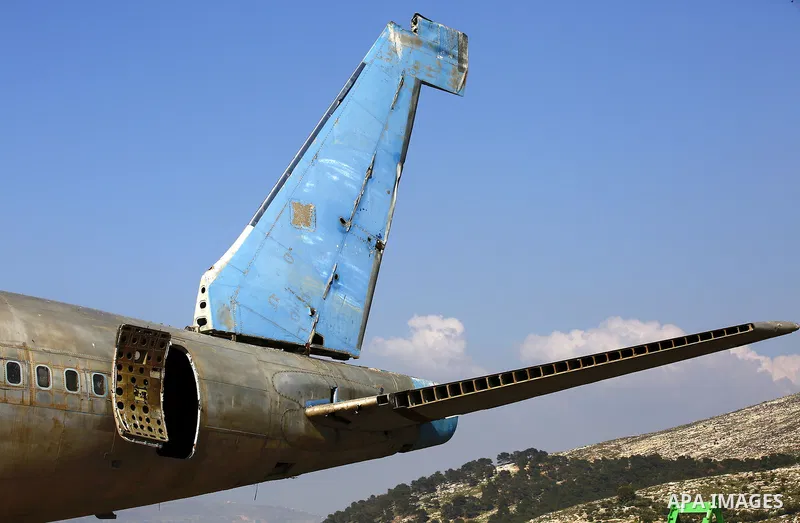 A retired Boeing airplane once belonging to an Israeli airline is seen in the west bank city of Nablus, on March 7, 2017. Photo by Wisam Hashlamoun