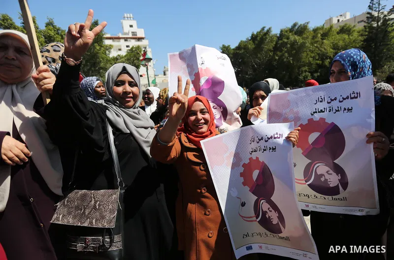 Palestinian women take part during a protest against violence towards women and demanding to end the Israeli occupation on International Women's Day, in Gaza city on March 08, 2017. Photo by Ashraf Amra