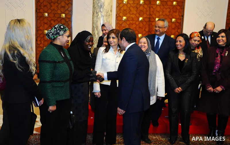 Egyptian President Abdel-Fattah al-Sisi meets with Members of the National Council for Women, in Cairo, capital of Egypt, March 8, 2017. Photo by Egyptian President Office