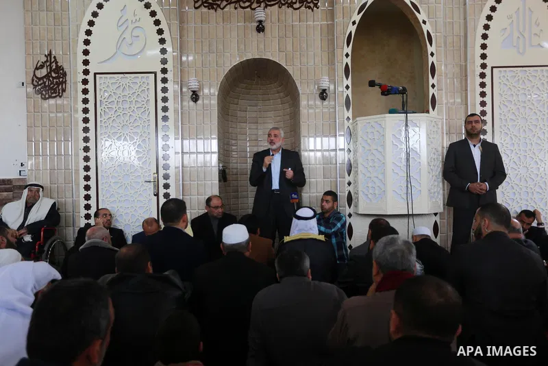 Senior political Hamas leader Ismail Haniya speaks during the opening of a new mosque in Beit Lahiya in the northern Gaza strip on March 10, 2017. Photo by Mohammed Asad