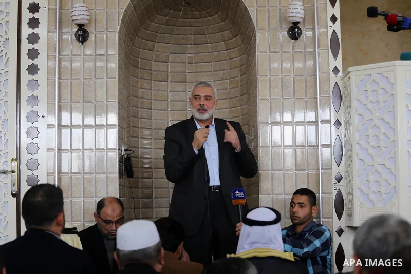 Senior political Hamas leader Ismail Haniya speaks during the opening of a new mosque in Beit Lahiya in the northern Gaza strip on March 10, 2017. Photo by Mohammed Asad