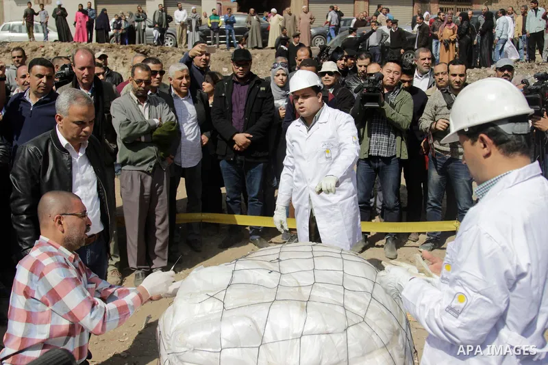 Egyptian workers excavate the statue, recently discovered by a team of German-Egyptian archeologists, in Cairo's Mattarya district on March 13, 2017. Statues of the kings and queens of the nineteenth dynasty (1295 - 1185...
