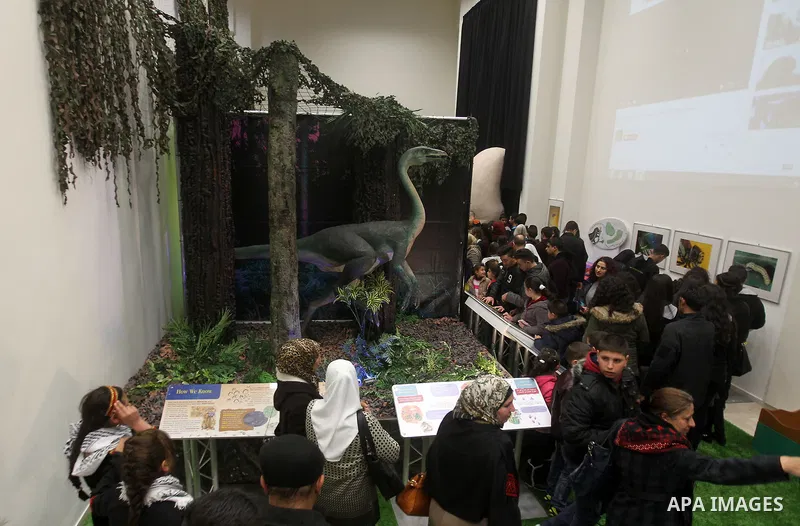 Visitors look at a model of the Polacanthus Dinosaurs during the opening ceremony of the Baby Dinosaurs and Giant Insect Exhibition, in the West Bank city of Bethlehem, Tuesday, March 14, 2017. The exhibition was donated...