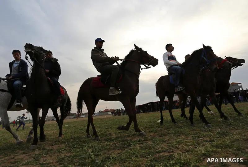 Palestinians ride horses during a heritage festival in Zawayda in the central Gaza Strip March 17, 2017. Photo by Ashraf Amra