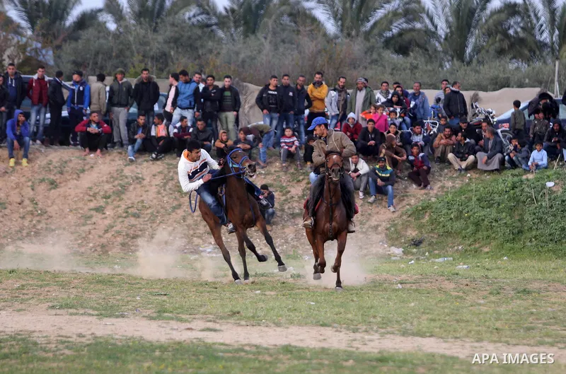 Palestinians ride horses during a heritage festival in Zawayda in the central Gaza Strip March 17, 2017. Photo by Ashraf Amra