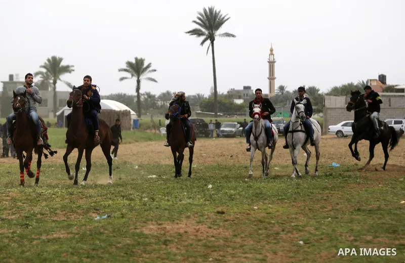 Palestinians ride horses during a heritage festival in Zawayda in the central Gaza Strip March 17, 2017. Photo by Ashraf Amra