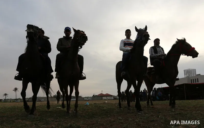 Palestinians ride horses during a heritage festival in Zawayda in the central Gaza Strip March 17, 2017. Photo by Ashraf Amra
