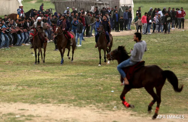 Palestinians ride horses during a heritage festival in Zawayda in the central Gaza Strip March 17, 2017. Photo by Ashraf Amra