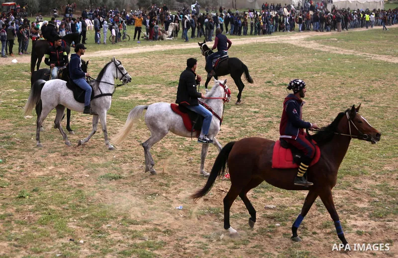 Palestinians ride horses during a heritage festival in Zawayda in the central Gaza Strip March 17, 2017. Photo by Ashraf Amra