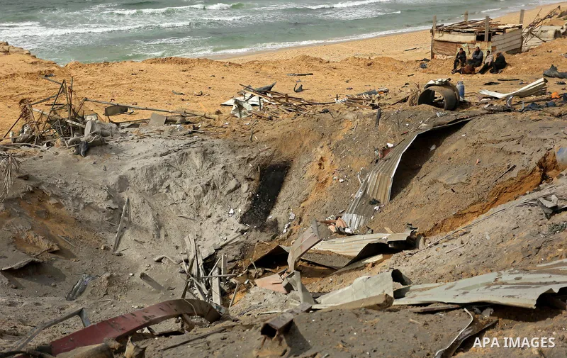 A view shows the scene of what Gaza police said was an Israeli air strike in Beit Lahia in the northern of Gaza Strip, on March 18, 2017. A rocket fired by Palestinians in the Gaza Strip slammed into southern Israel on M...
