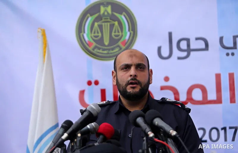 Brigadier General, Ahmed al-qedra, speak during a conference drug damage in Gaza City on March 19, 2017. Destroying the collected drugs was part of a new campaign by Hamas-run police to combat the usage of drugs and Tram...
