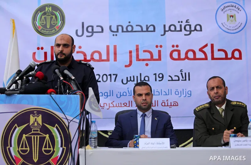 Brigadier General, Ahmed al-qedra, speak during a conference drug damage in Gaza City on March 19, 2017. Destroying the collected drugs was part of a new campaign by Hamas-run police to combat the usage of drugs and Tram...