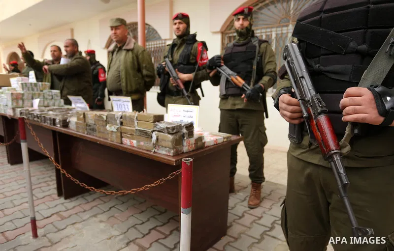 Palestinian anti-drug police participate in a conference drug damage in Gaza City on March 19, 2017. Destroying the collected drugs was part of a new campaign by Hamas-run police to combat the usage of drugs and Tramadol...