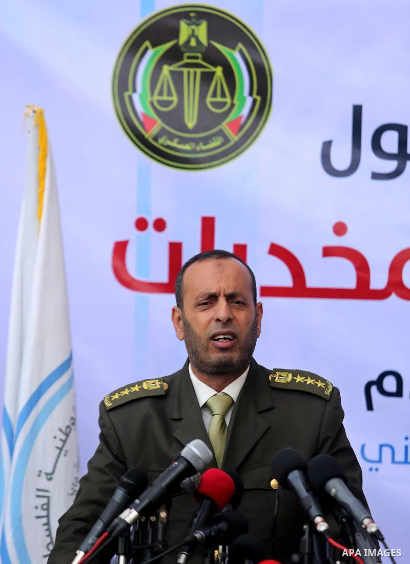 Brigadier General, Naser Soliman, speak during a conference drug damage in Gaza City on March 19, 2017. Destroying the collected drugs was part of a new campaign by Hamas-run police to combat the usage of drugs and Trama...