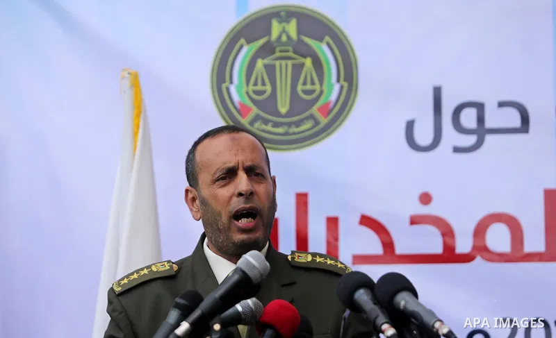 Brigadier General, Naser Soliman, speak during a conference drug damage in Gaza City on March 19, 2017. Destroying the collected drugs was part of a new campaign by Hamas-run police to combat the usage of drugs and Trama...
