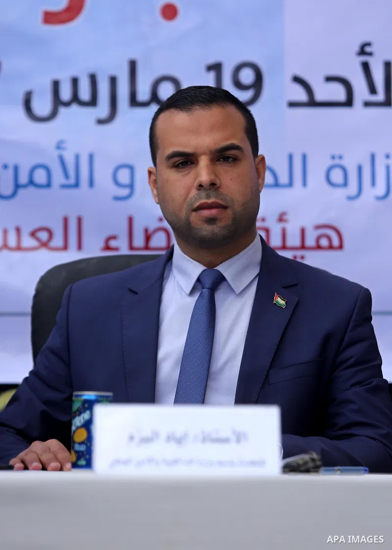 Eyad al-Bozm, the spokesman of the Palestinian Ministry of the Interior, speak during a conference drug damage in Gaza City on March 19, 2017. Destroying the collected drugs was part of a new campaign by Hamas-run police...