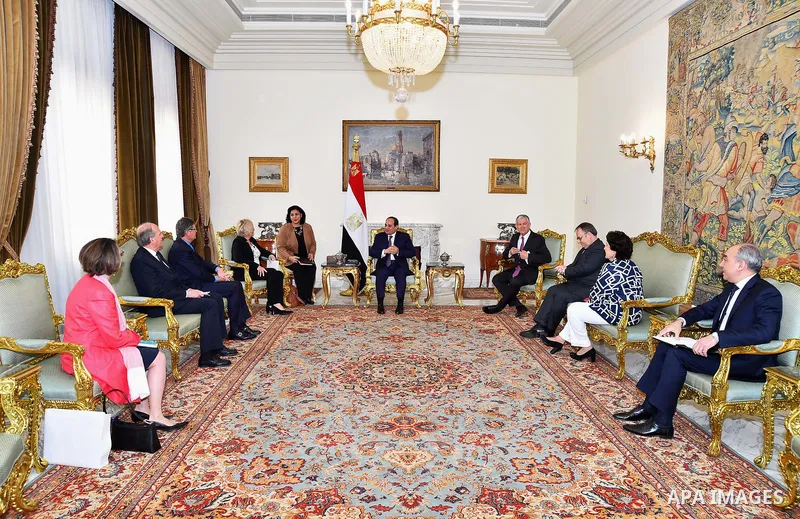 Egyptian President Abdel Fattah al-Sisi meets with French - Egyptian friendship group in the French Senate in Cairo, Egypt, on March 21, 2017. Photo by Egyptian President Office