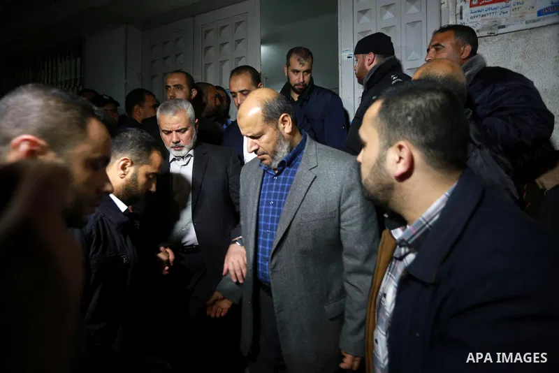 Senior Hamas leader Ismail Haniya leaves a hospital morgue in Gaza City on March 24, 2017 after gunmen in the Gaza Strip shot dead a Hamas official, Mazen Faqha, who was freed by Israel in a 2011 prisoner swap. Faqha was...