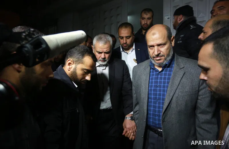 Senior Hamas leader Ismail Haniya leaves a hospital morgue in Gaza City on March 24, 2017 after gunmen in the Gaza Strip shot dead a Hamas official, Mazen Faqha, who was freed by Israel in a 2011 prisoner swap. Faqha was...