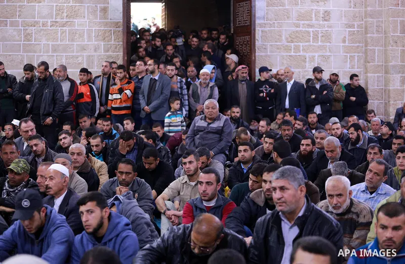 Palestinians pray at the mosque during the funeral of Hamas official, Mazen Faqha who was freed by Israel in a 2011 prisoner swap in Gaza City March 25, 2017. Faqha was released along with more than 1,000 other Palestini...