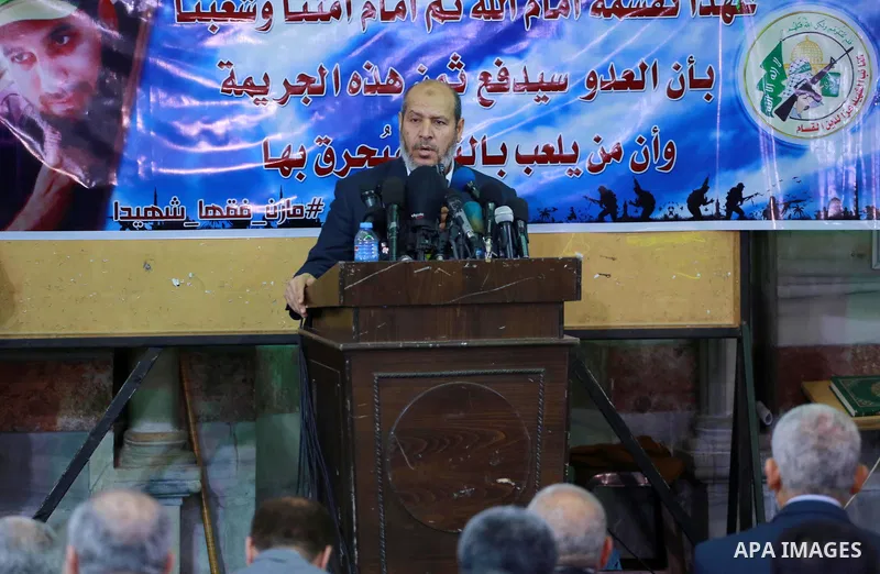 Senior political leader of the Islamist movement Khalil al-Hayah speaks during the funeral of Hamas official, Mazen Faqha who was freed by Israel in a 2011 prisoner swap in Gaza City March 25, 2017. Faqha was released al...