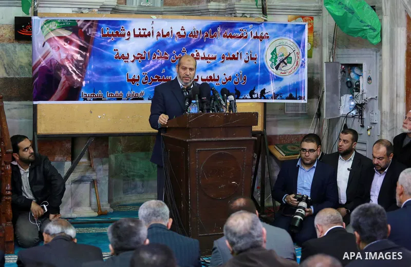 Senior political leader of the Islamist movement Khalil al-Hayah speaks during the funeral of Hamas official, Mazen Faqha who was freed by Israel in a 2011 prisoner swap in Gaza City March 25, 2017. Faqha was released al...