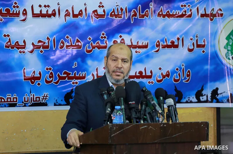 Senior political leader of the Islamist movement Khalil al-Hayah speaks during the funeral of Hamas official, Mazen Faqha who was freed by Israel in a 2011 prisoner swap in Gaza City March 25, 2017. Faqha was released al...