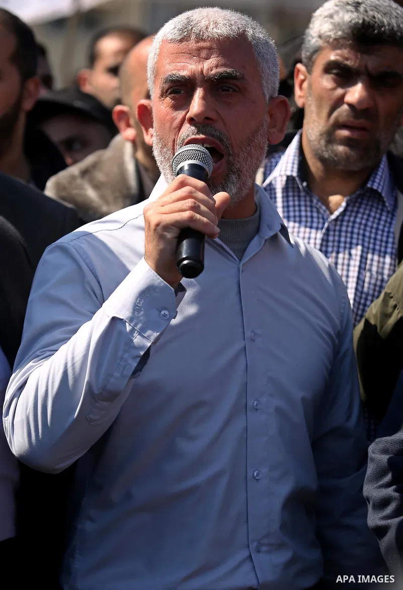 Yahya Sinwar, the new leader of Hamas in the Gaza Strip speaks during the funeral of Hamas official, Mazen Faqha in Gaza city on March 25, 2017. Gunmen in the Gaza Strip had shot dead the Hamas official on March 24, 2017...