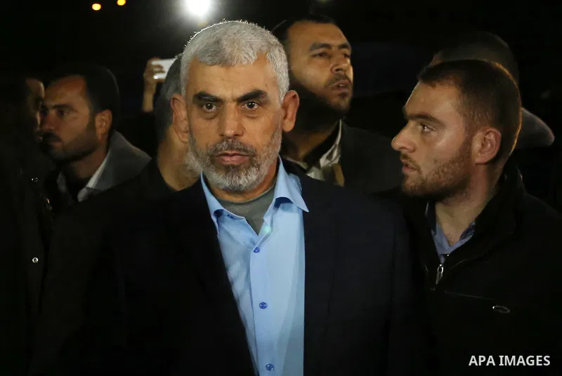 Yahya Sinwar, the new leader of Hamas in the Gaza Strip attends a memorial service of Hamas official, Mazen Faqha, who was shot dead by unknown gunmen, in Gaza city on March 27, 2017. Photo by Ashraf Amra