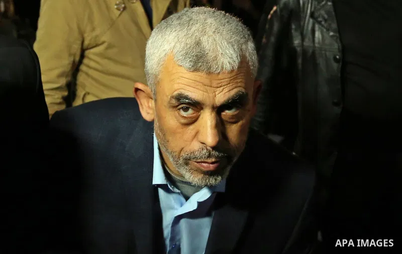 Yahya Sinwar, the new leader of Hamas in the Gaza Strip attends a memorial service of Hamas official, Mazen Faqha, who was shot dead by unknown gunmen, in Gaza city on March 27, 2017. Photo by Ashraf Amra