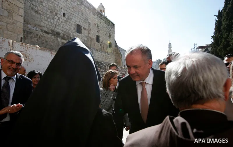 Slovakia's President Andrej Kiska visits the Church of the Nativity in the West Bank city of Bethlehem, March 28, 2017. Photo by Wisam Hashlamoun