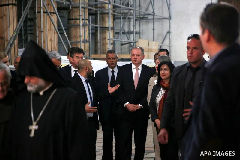 Slovakia's President Andrej Kiska visits the Church of the Nativity in the West Bank city of Bethlehem, March 28, 2017. Photo by Wisam Hashlamoun
