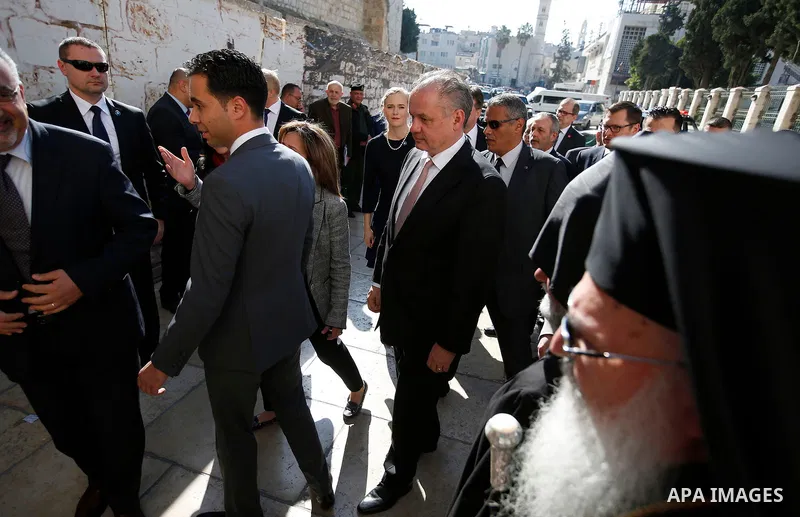 Slovakia's President Andrej Kiska visits the Church of the Nativity in the West Bank city of Bethlehem, March 28, 2017. Photo by Wisam Hashlamoun