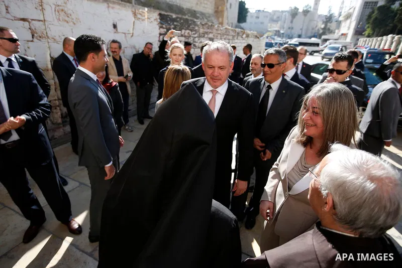 Slovakia's President Andrej Kiska visits the Church of the Nativity in the West Bank city of Bethlehem, March 28, 2017. Photo by Wisam Hashlamoun