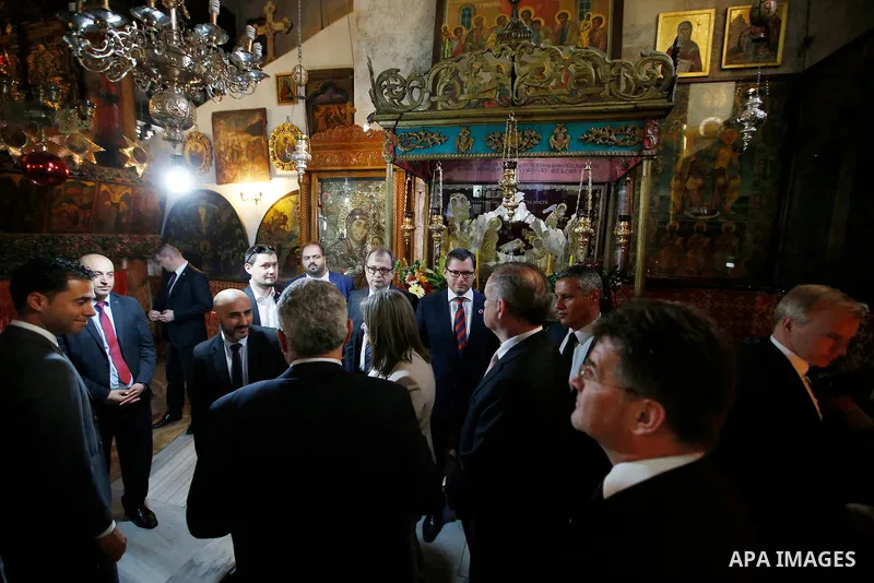Slovakia's President Andrej Kiska visits the Church of the Nativity in the West Bank city of Bethlehem, March 28, 2017. Photo by Wisam Hashlamoun