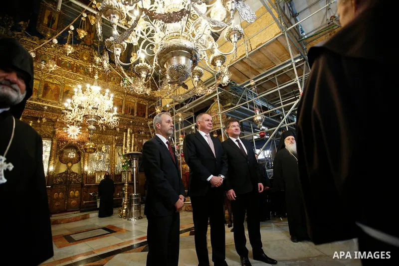 Slovakia's President Andrej Kiska visits the Church of the Nativity in the West Bank city of Bethlehem, March 28, 2017. Photo by Wisam Hashlamoun