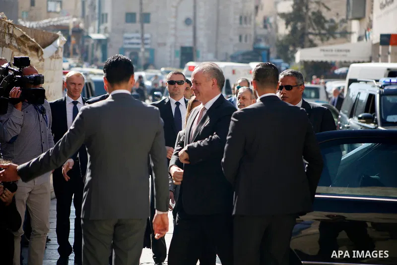 Slovakia's President Andrej Kiska visits the Church of the Nativity in the West Bank city of Bethlehem, March 28, 2017. Photo by Wisam Hashlamoun