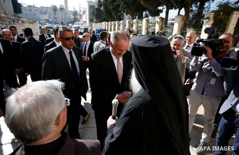 Slovakia's President Andrej Kiska visits the Church of the Nativity in the West Bank city of Bethlehem, March 28, 2017. Photo by Wisam Hashlamoun