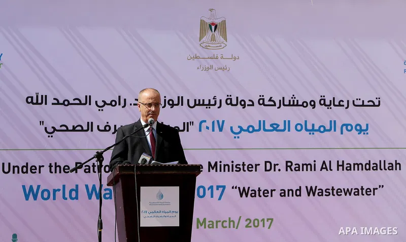 Palestinian Prime Minister Rami Hamdallah attends a celebrate World Water Day, in the West Bank city of Ramallah on March 29, 2017. Photo by Prime Minister Office