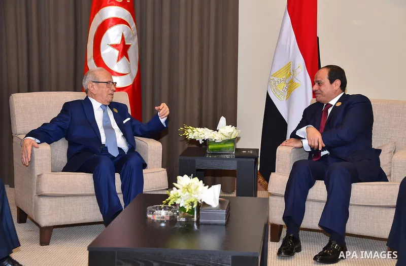 Egyptian President Abdel Fattah el-Sisi, meets with Tunisian President Beji Caid Essebsi, on the sideline of the 28th Summit of the Arab League at the Dead Sea, Jordan March 29, 2017. Photo by Egyptian President Office